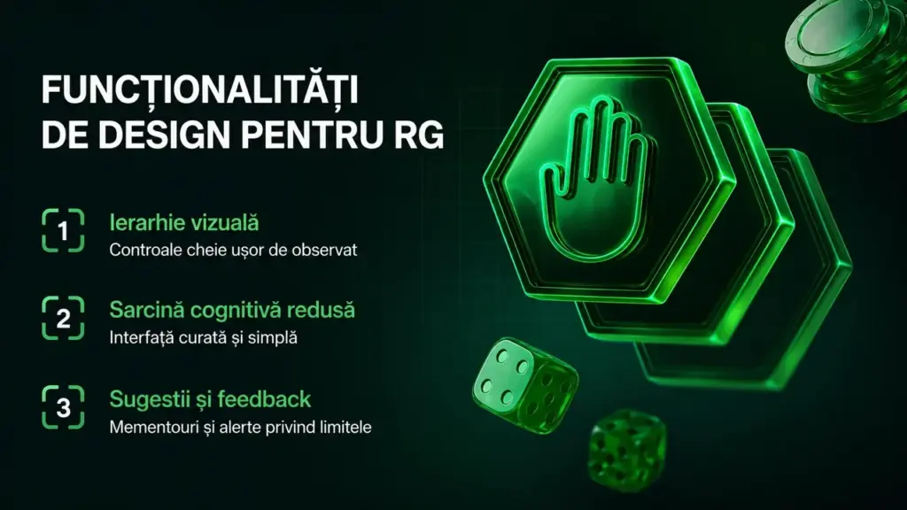 Funcționalități de design pentru joc responsabil: ierarhie vizuală, sarcină cognitivă redusă, mementouri și alerte